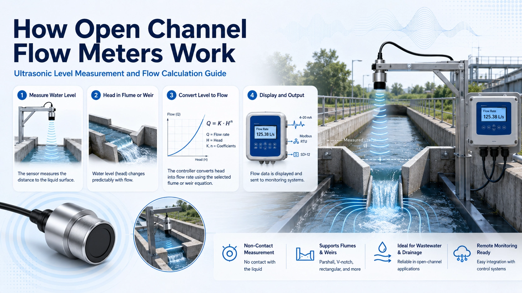 Open channel flow meter with ultrasonic level sensor installed above a flume