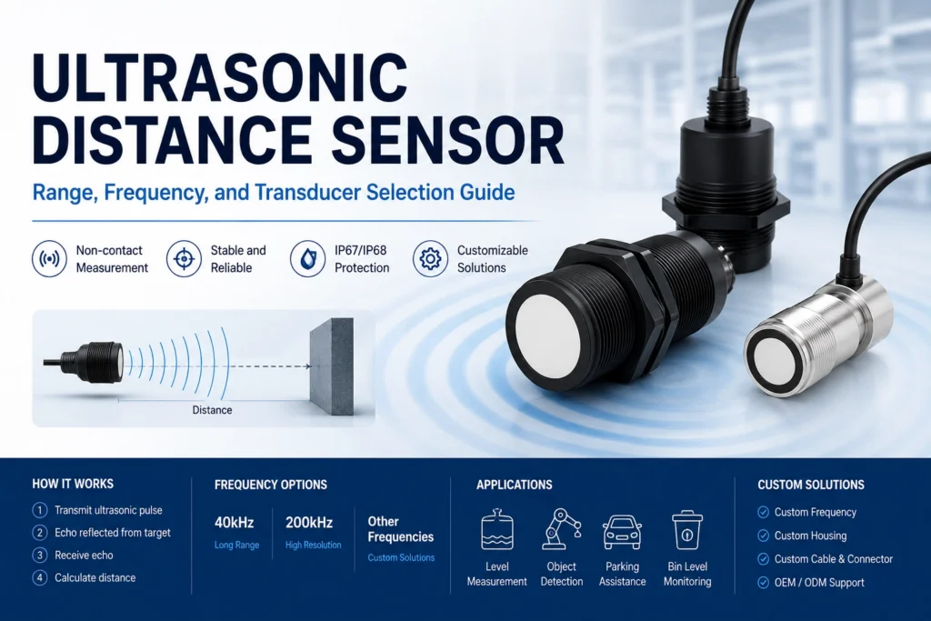Ultrasonic distance sensor for industrial non-contact distance measurement.