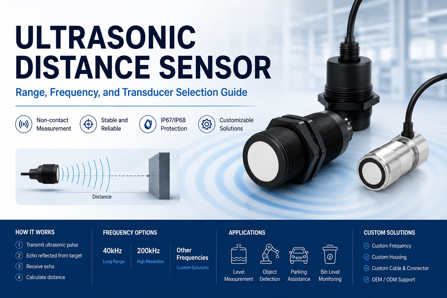Ultrasonic distance sensor for industrial non-contact distance measurement.