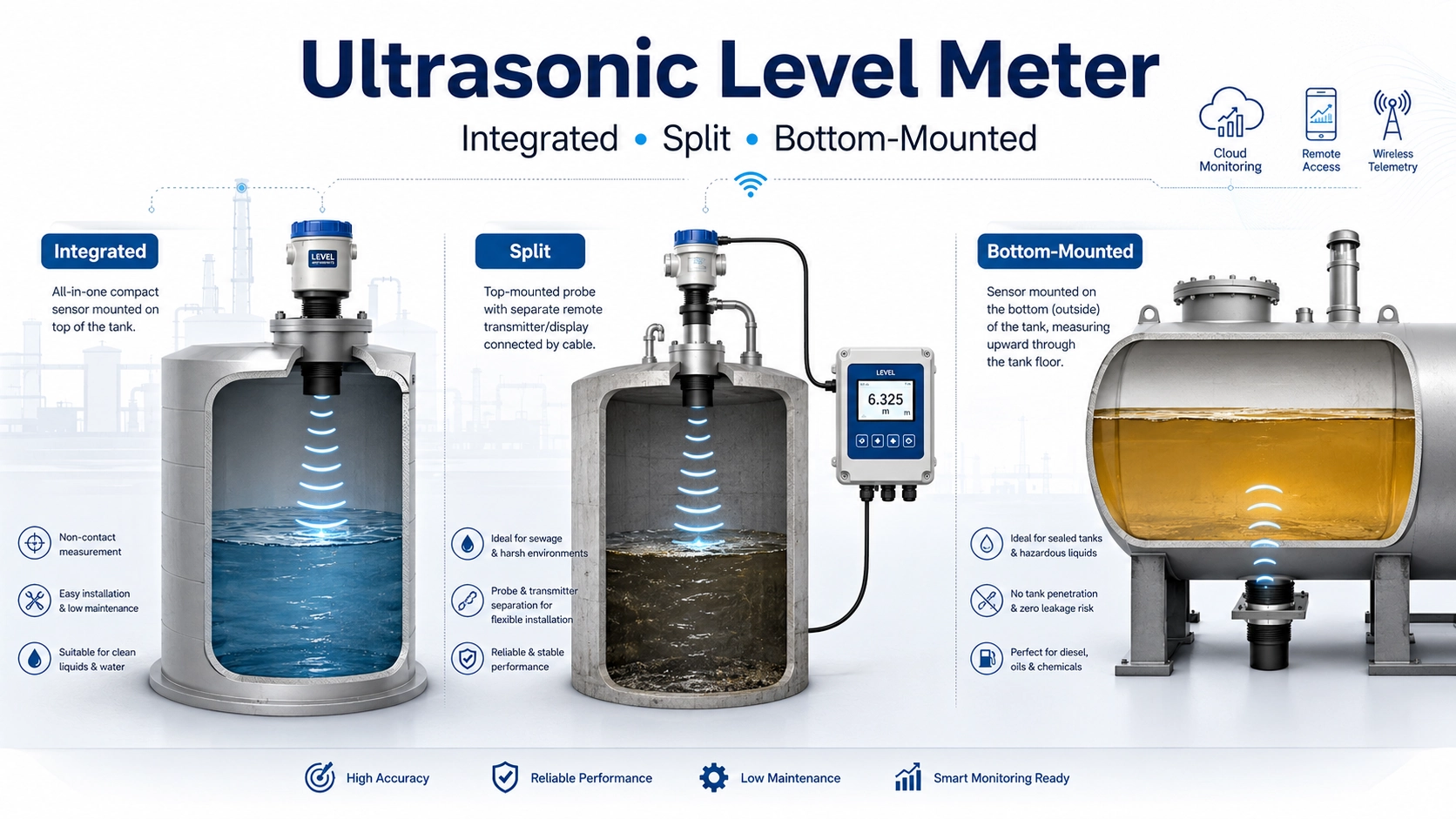 Ultrasonic level meter comparison showing integrated, split, and bottom-mounted types