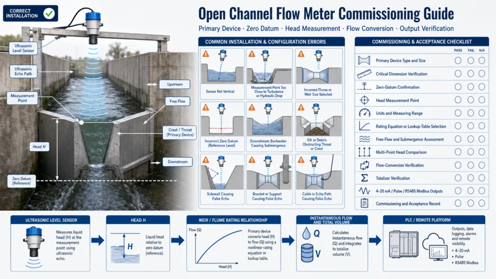 Open channel flow meter commissioning above a flume with zero point and flow verification