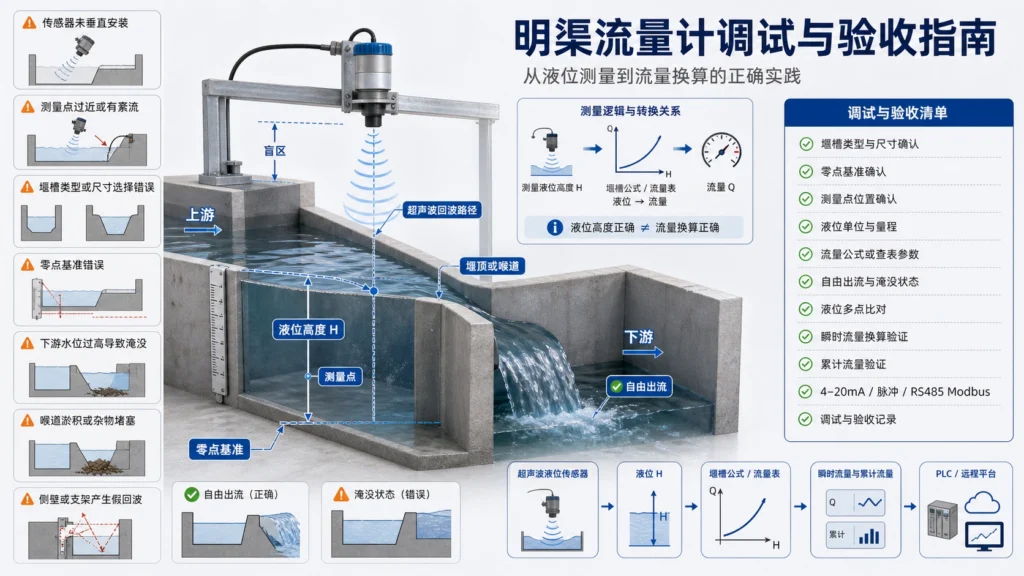 量水槽上方明渠流量计零点和流量核对调试示意图