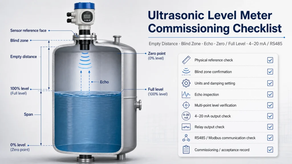 Ultrasonic level meter commissioning with zero point, full level and output verification
