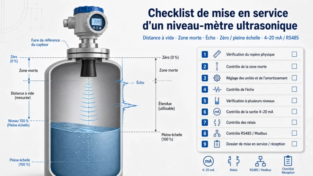 Mise en service d’un mesureur de niveau à ultrasons avec zéro, pleine échelle et vérification des sorties