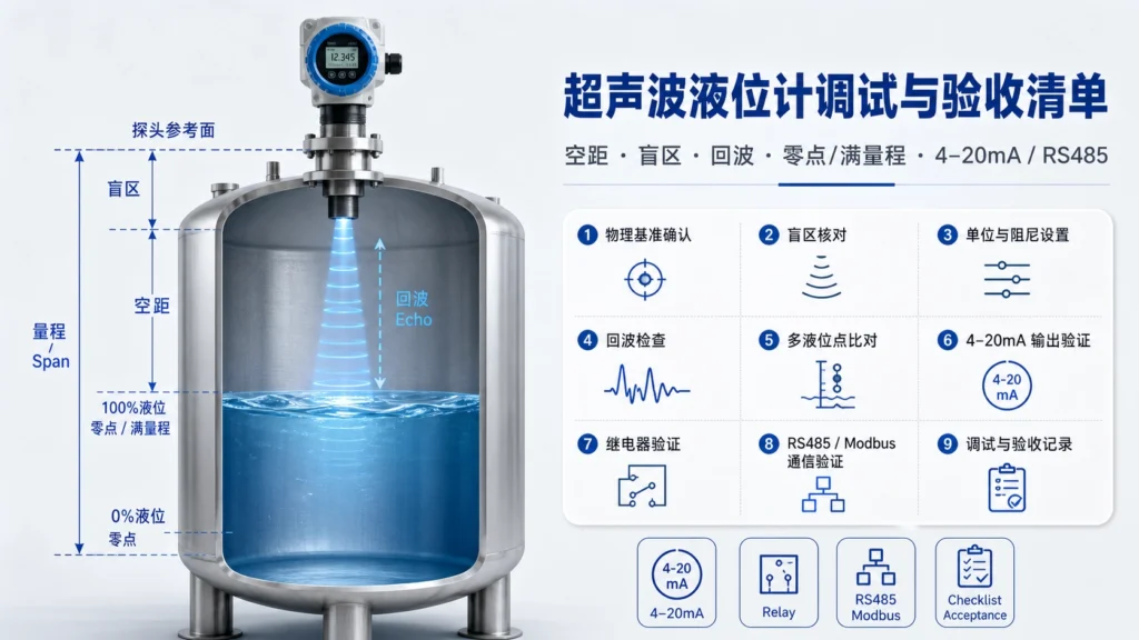 超声波液位计零点满量程及输出核对调试示意图