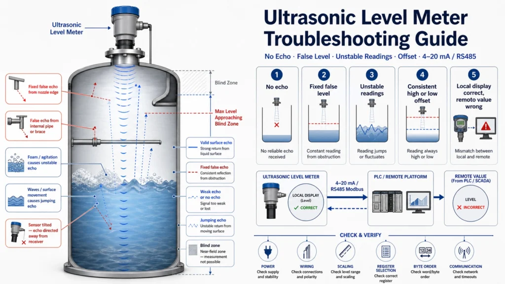 Ultrasonic level meter troubleshooting for no echo false level and unstable readings