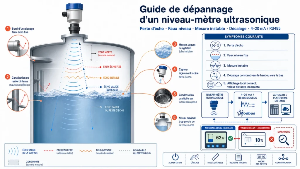 Dépannage perte d’écho faux niveau et mesure ultrasonique instable