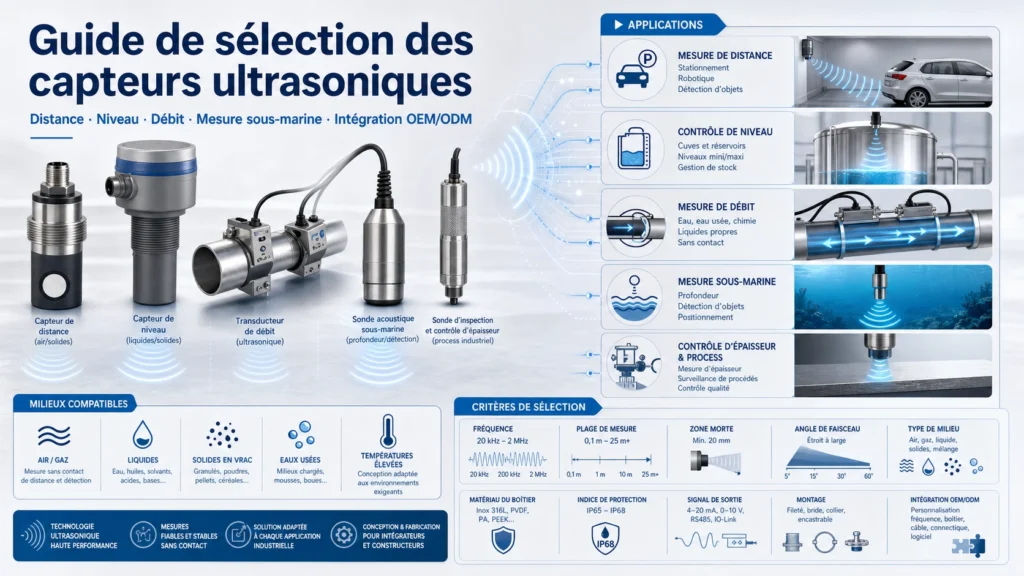 Choix d’un capteur ultrasonique pour la mesure de distance, de niveau, de débit et les applications sous-marines.