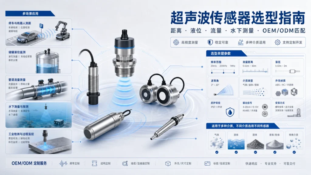 如何为测距、液位、流量和水下测量应用选择超声波传感器的示意图。