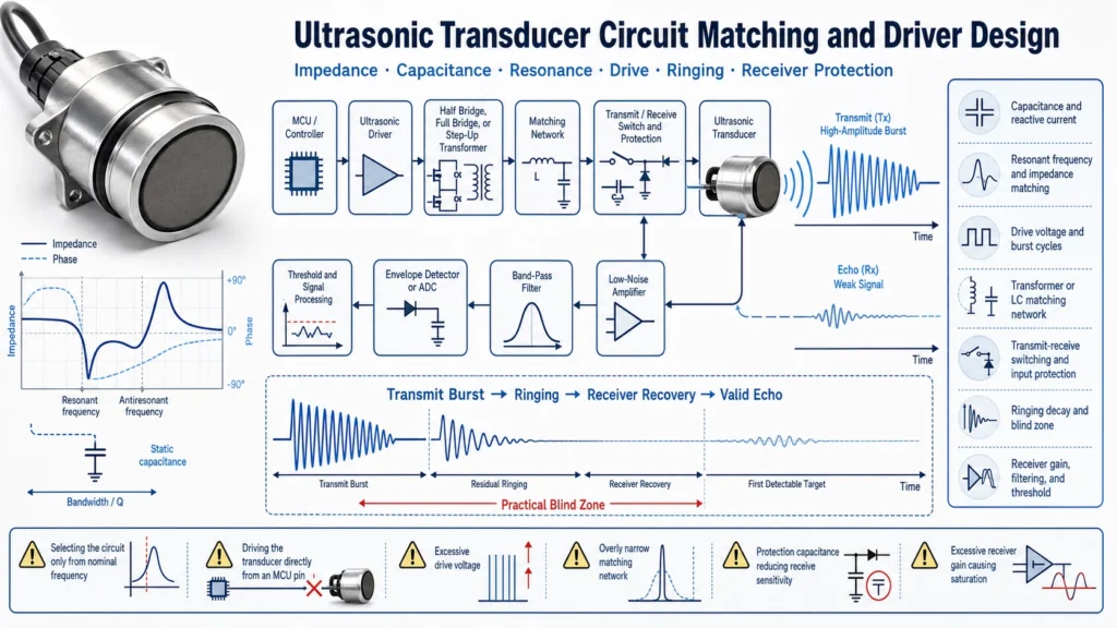 Ultrasonic transducer connected to driver matching network and receiver with ringing waveform