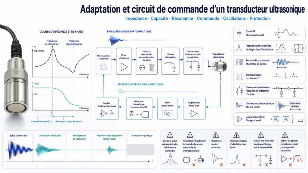 Transducteur ultrasonique relié au circuit d’excitation, au réseau d’accord et au récepteur avec forme d’onde résiduelle