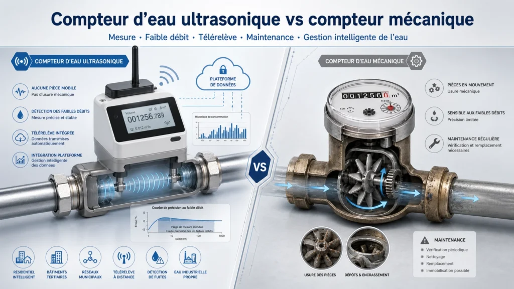 Comparaison entre compteur d’eau ultrasonique et compteur mécanique pour les applications de comptage intelligent.