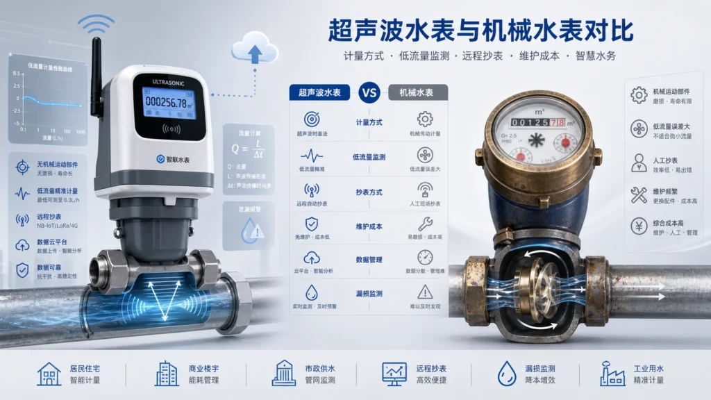 面向智能水计量应用的超声波水表与机械水表对比图。