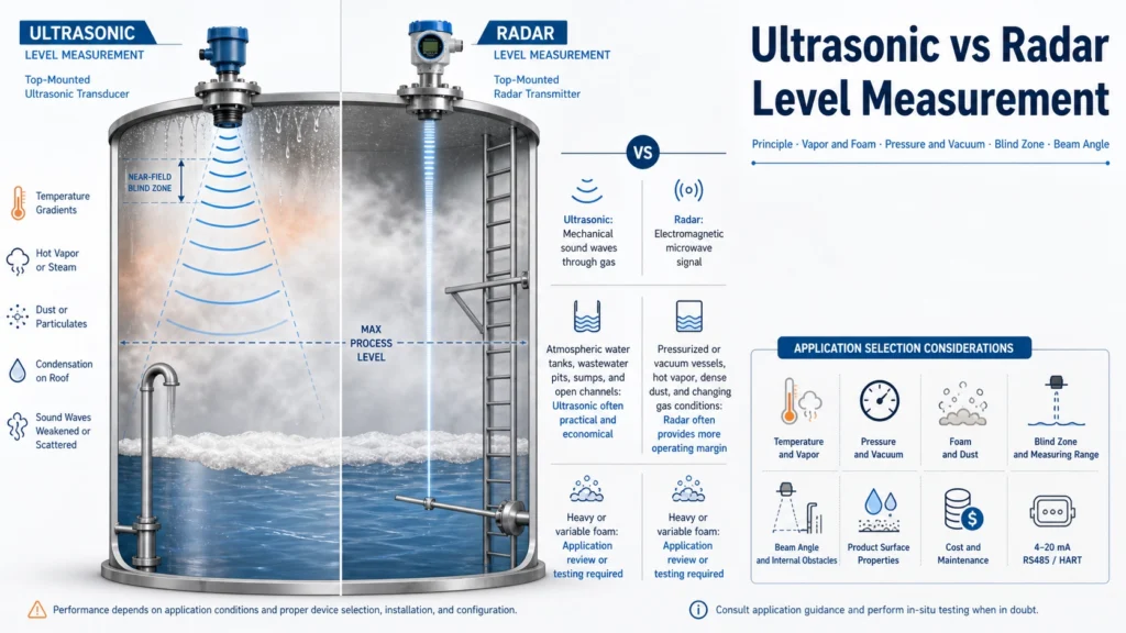 Comparison of ultrasonic and radar level sensors above industrial tanks