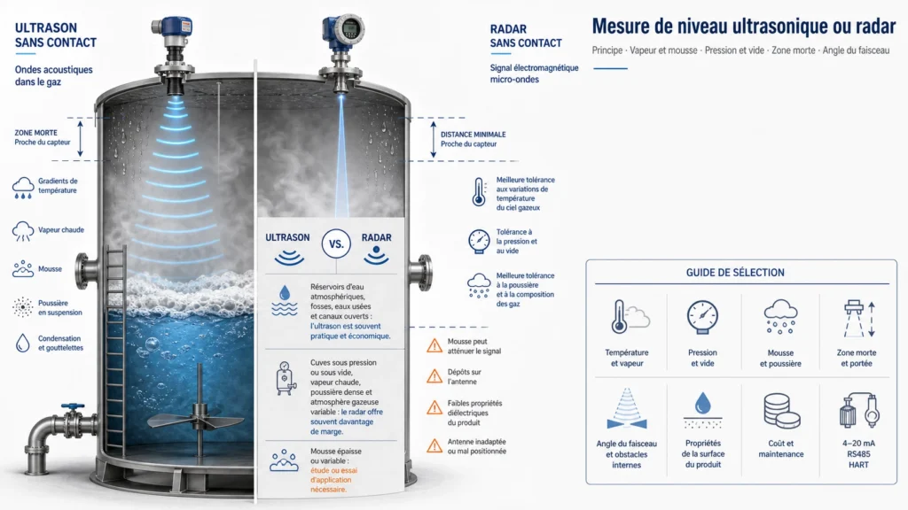 Comparaison de capteurs de niveau ultrasonique et radar au-dessus de cuves industrielles