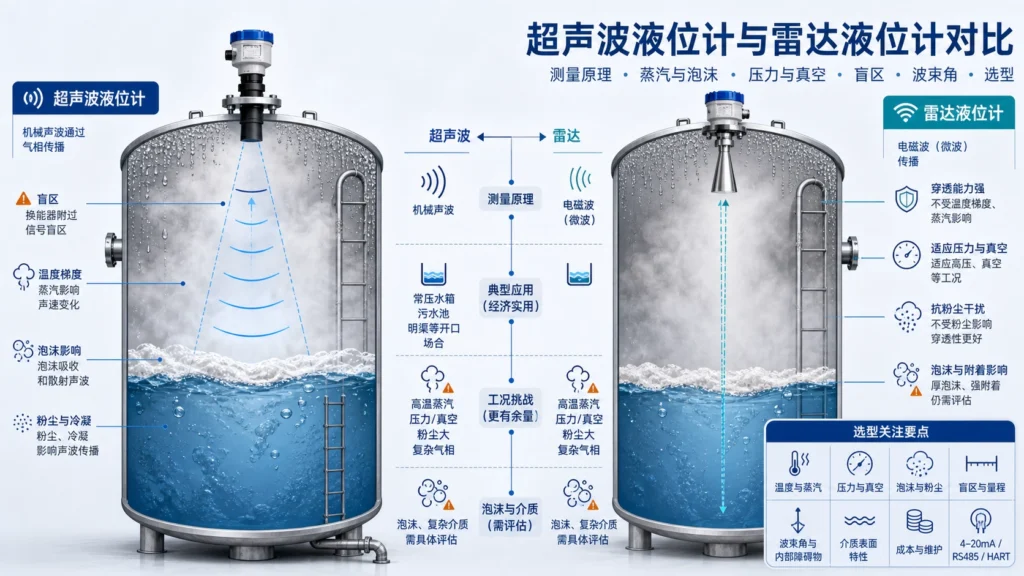 工业储罐上方超声波与雷达液位传感器对比示意图
