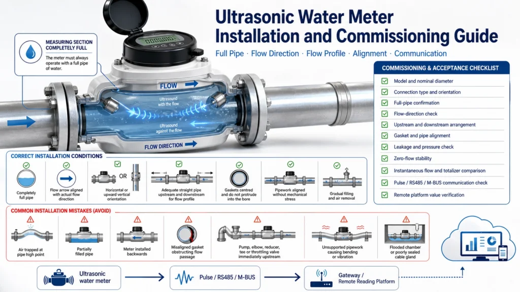 Ultrasonic water meter installation with full pipe flow direction and commissioning checks