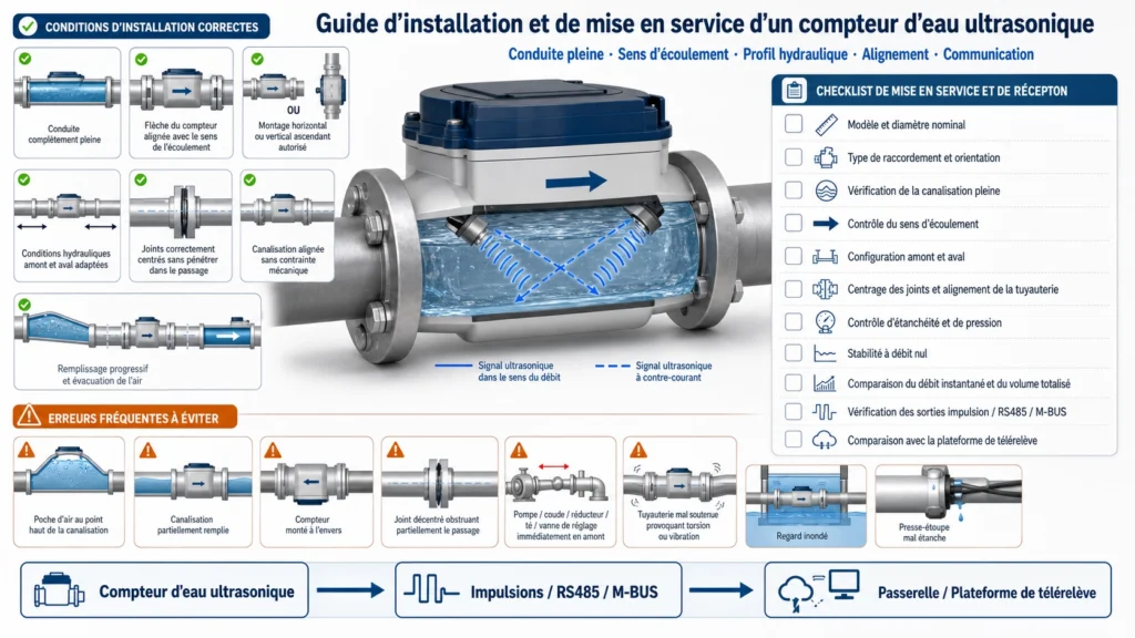 Installation d’un compteur d’eau à ultrasons avec conduite pleine, sens de débit et contrôle de mise en service