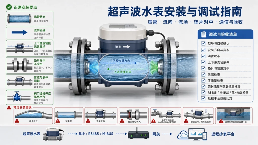 超声波水表满管流向与调试核对安装示意图