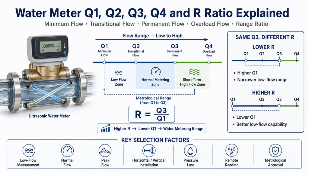 Ultrasonic water meter flow range chart showing Q1 Q2 Q3 Q4 and R ratio