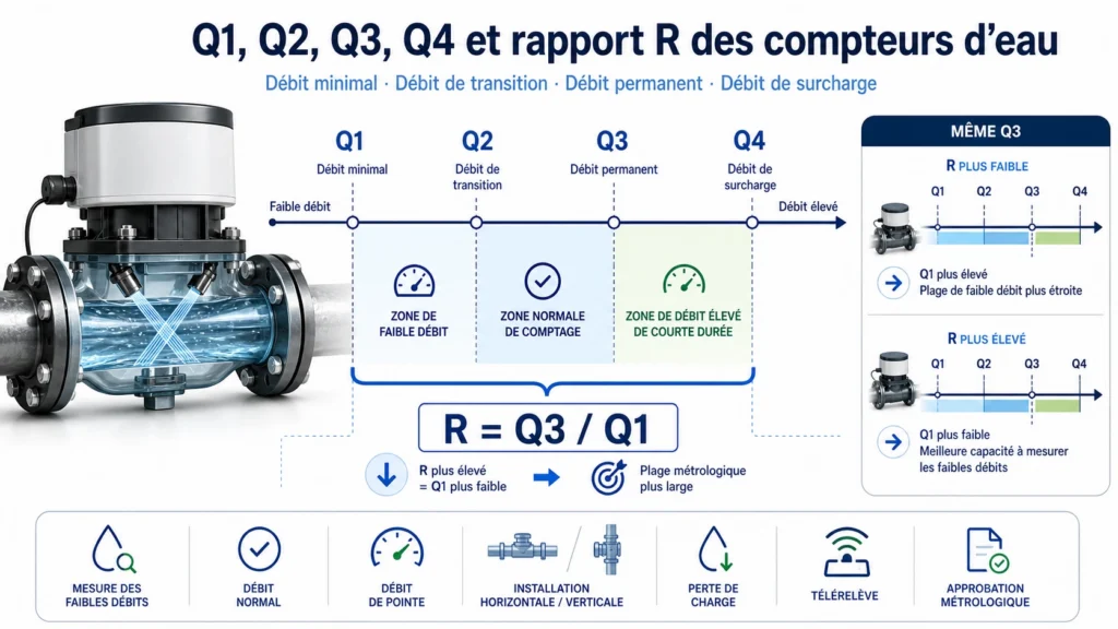 Plage de débit d’un compteur ultrasonique avec Q1 Q2 Q3 Q4 et rapport R