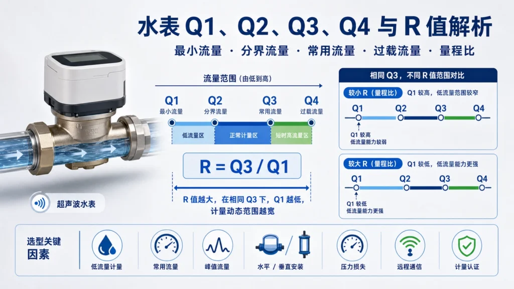 展示Q1 Q2 Q3 Q4与R值的超声波水表流量范围图