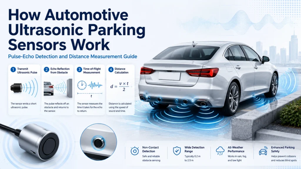 Car reversing with ultrasonic parking sensors detecting a curb and nearby obstacles behind the vehicle
