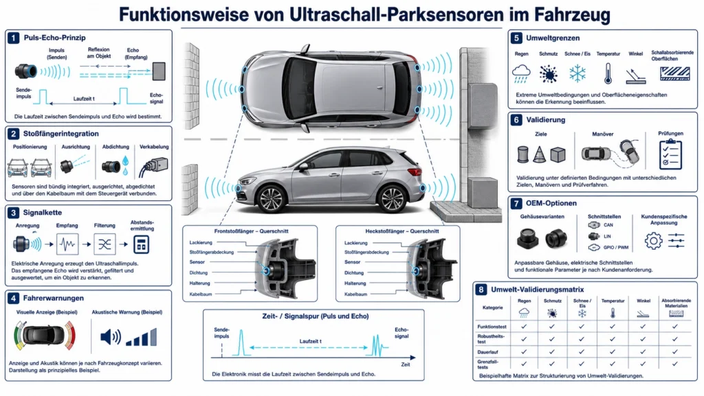 Rückwärtsfahrendes Fahrzeug mit Ultraschall-Parksensoren zur Erkennung eines Bordsteins und naher Hindernisse