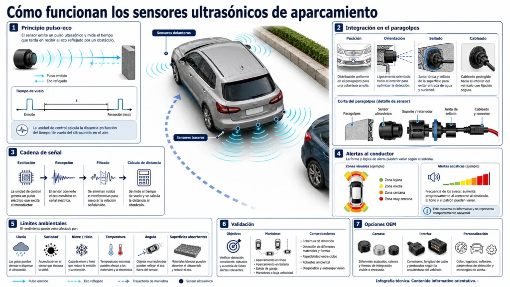 Vehículo en marcha atrás con sensores ultrasónicos que detectan un bordillo y obstáculos próximos