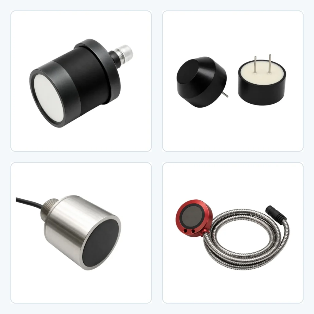 BBDM ultrasonic transducer series showing compact cylindrical transducers for distance and level measurement