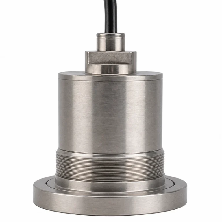 Transductor ultrasónico de gases BBFM-Q25K-B con cuerpo cilíndrico, sección roscada, brida inferior y cable superior