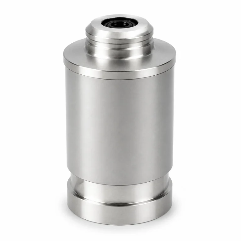 Transductor ultrasónico de gases BBFM-Q43K con cuerpo cilíndrico metálico, interfaz superior elevada, abertura central negra y base ancha