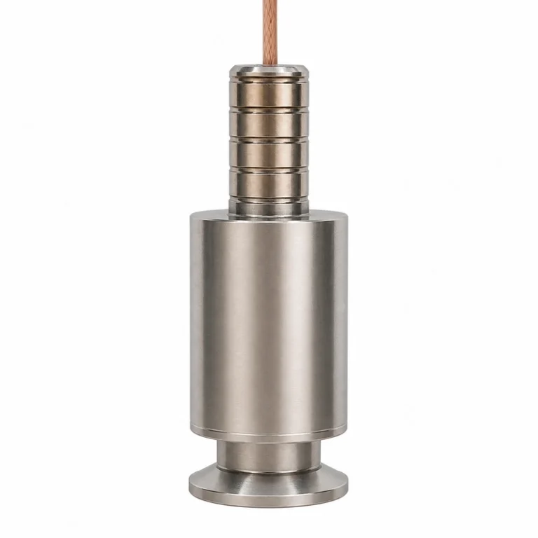 BBFM-Q75K Rauchgas-Ultraschallwandler mit zylindrischem Metallkörper, abgestuftem Oberteil, oberem Kabel und unterem Flansch