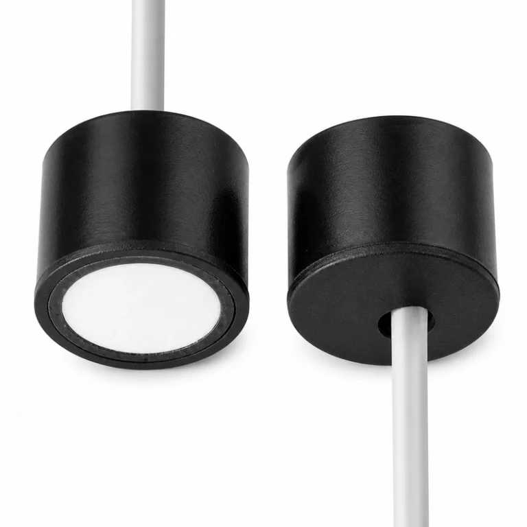 Vistas frontal y posterior del transductor ultrasónico de viento BBFM-V200K-B con cuerpo cilíndrico negro, cara acústica blanca y cable