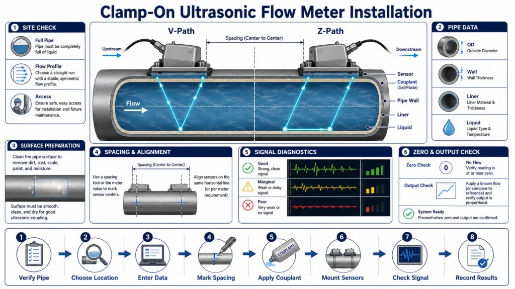 Pair of clamp-on ultrasonic flow transducers aligned on a full pipe with spacing and flow direction marked