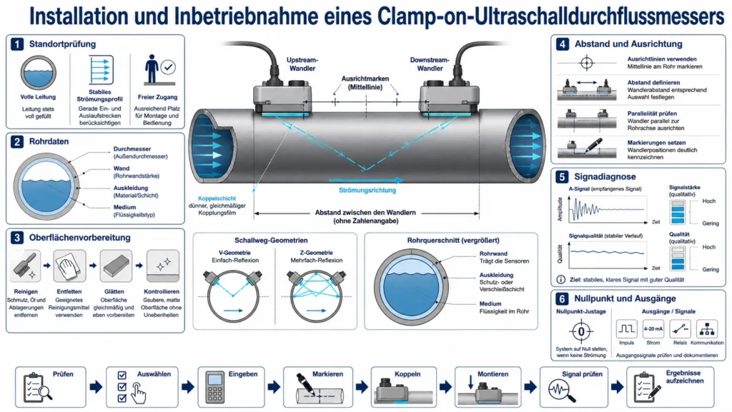 Zwei ausgerichtete Clamp-on-Ultraschallwandler auf einem vollen Rohr mit markiertem Abstand und Strömungsrichtung