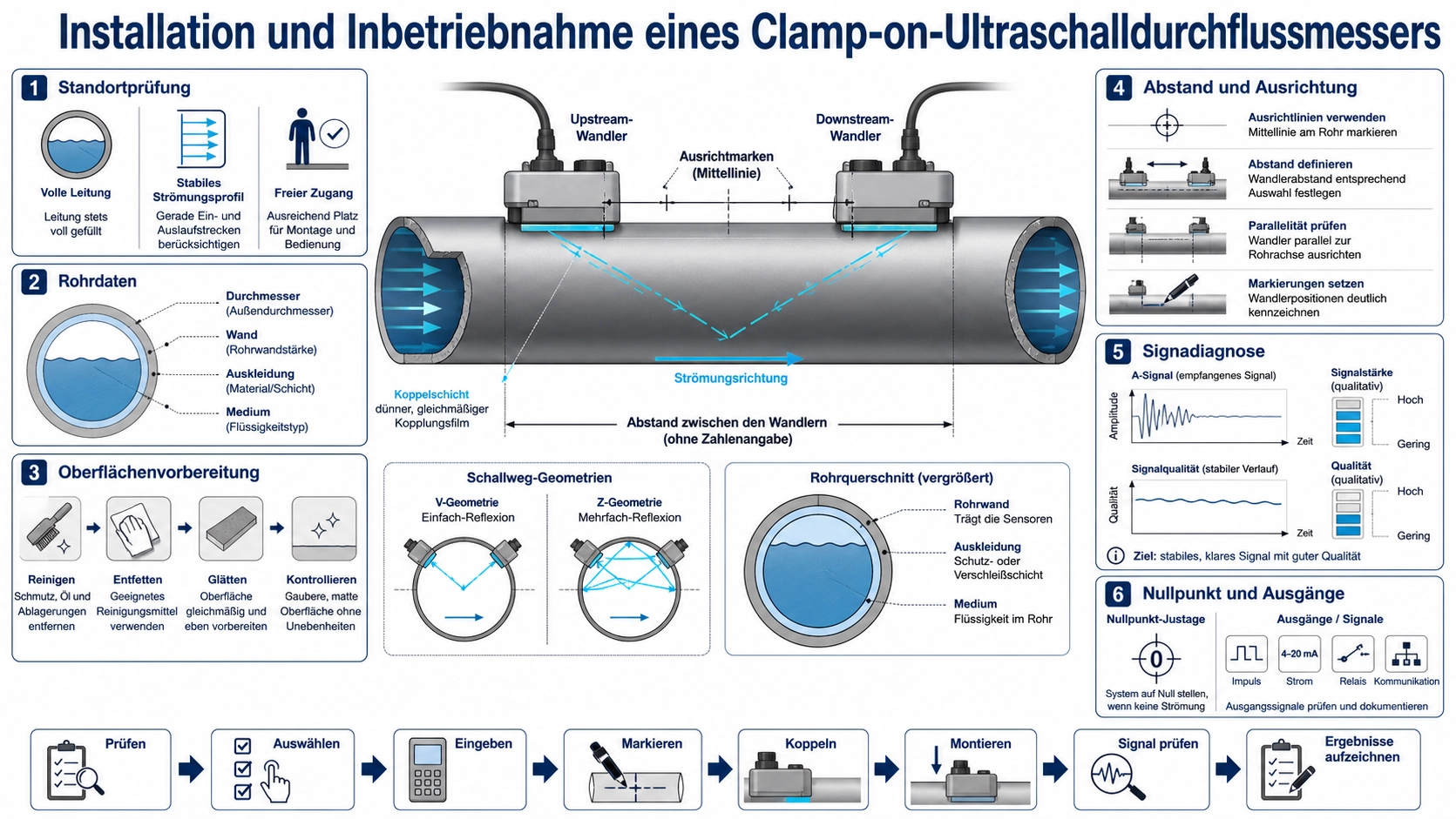 Zwei ausgerichtete Clamp-on-Ultraschallwandler auf einem vollen Rohr mit markiertem Abstand und Strömungsrichtung