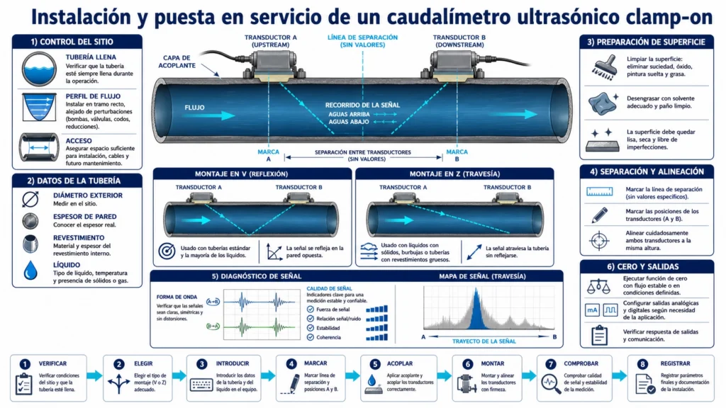 Dos transductores ultrasónicos clamp-on alineados sobre una tubería llena con separación y sentido de flujo señalados