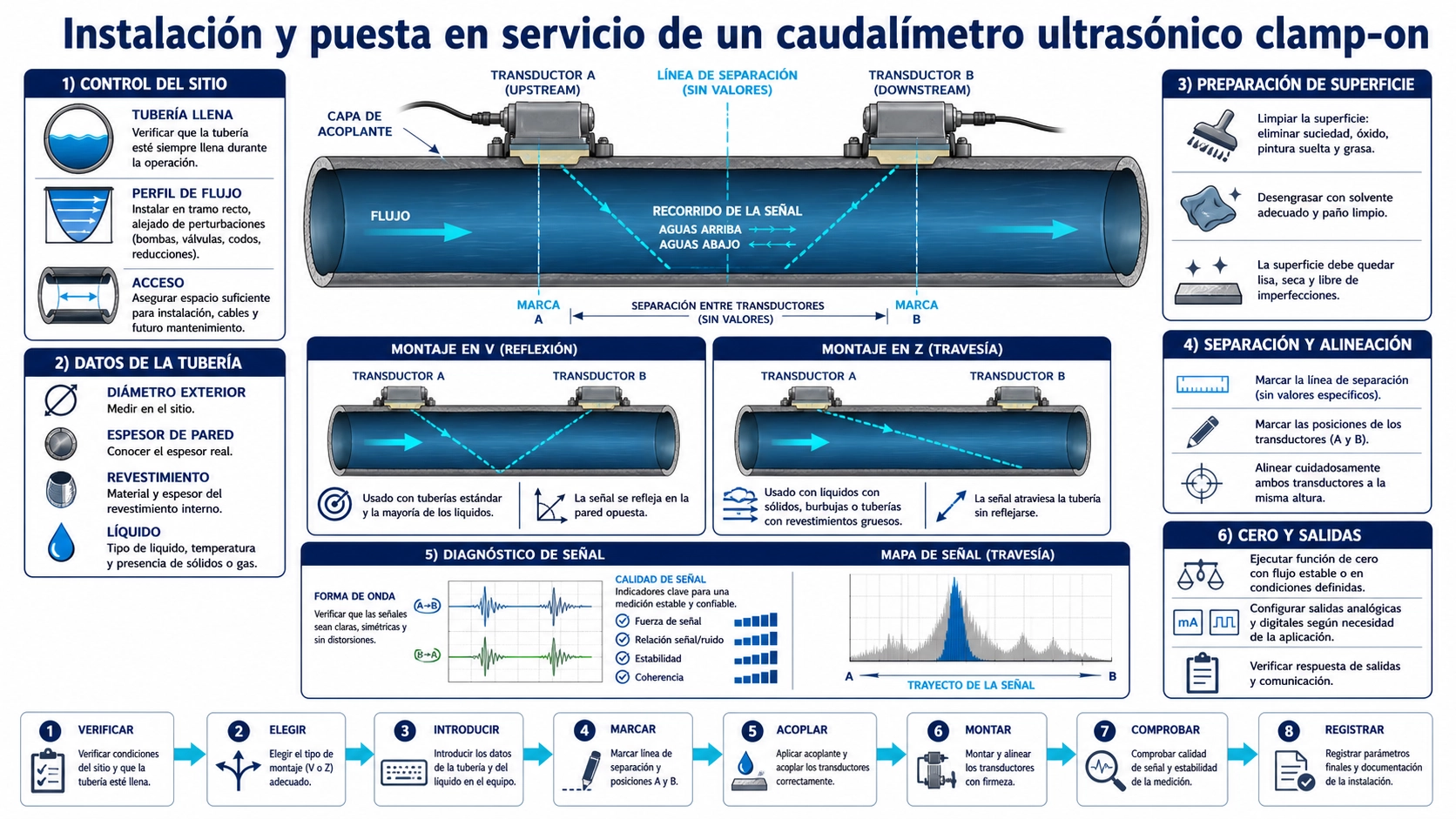 Dos transductores ultrasónicos clamp-on alineados sobre una tubería llena con separación y sentido de flujo señalados