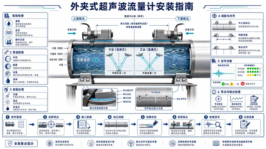 对齐安装在满管管道上的一对外夹超声波流量换能器，并标出间距和流向
