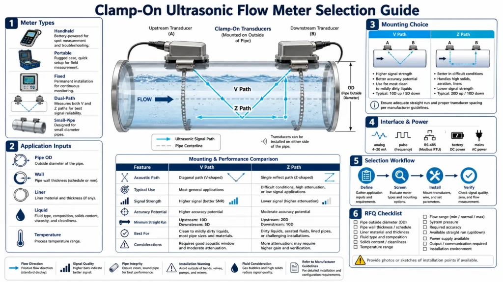 Handheld, portable, and fixed clamp-on ultrasonic flow meters beside a pipe with paired external transducers