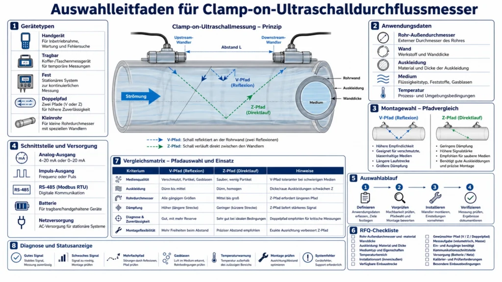 Handgerät, tragbarer und fester Clamp-on-Ultraschalldurchflussmesser neben einem Rohr mit zwei Außenwandlern