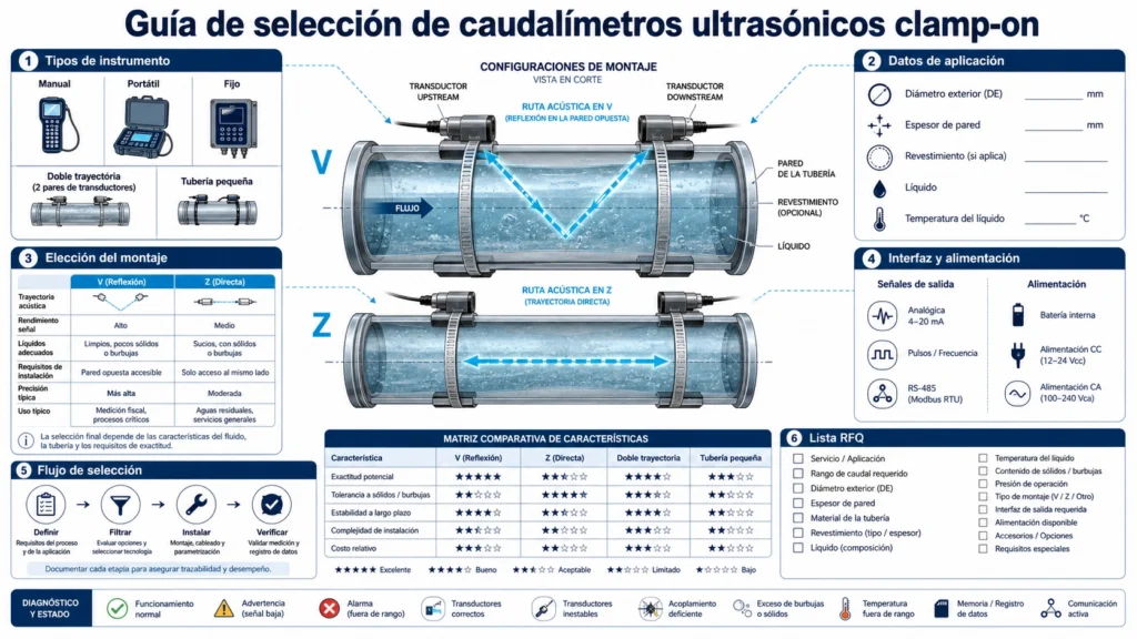 Caudalímetros ultrasónicos clamp-on de mano, portátil y fijo junto a una tubería con dos transductores externos