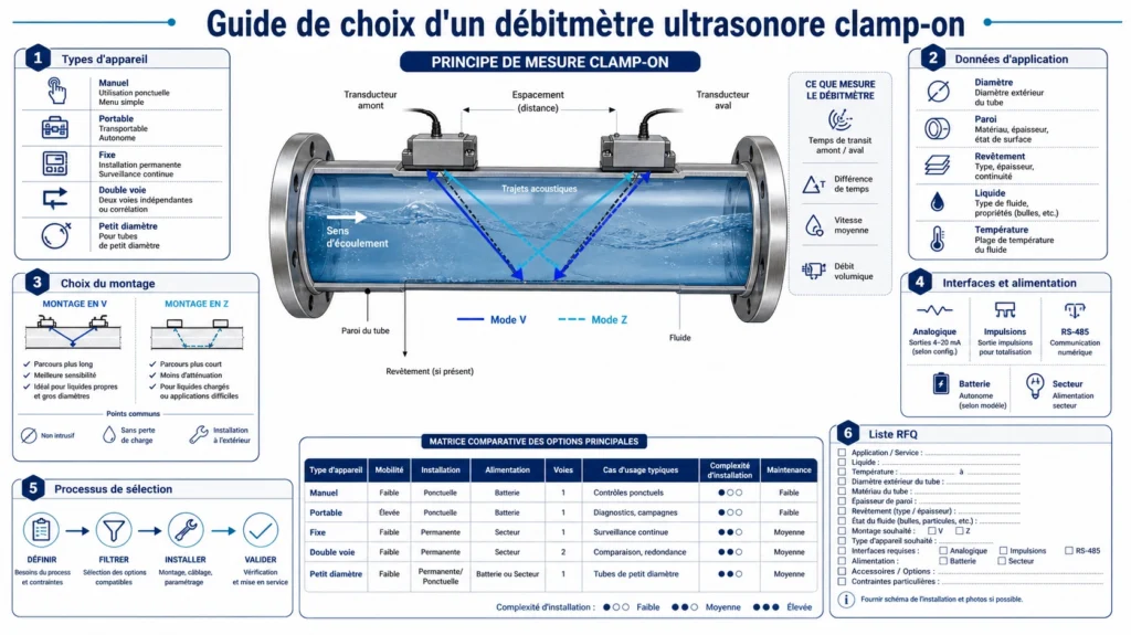 Débitmètres ultrasonores externes portatif, portable et fixe avec une paire de capteurs montée sur une conduite