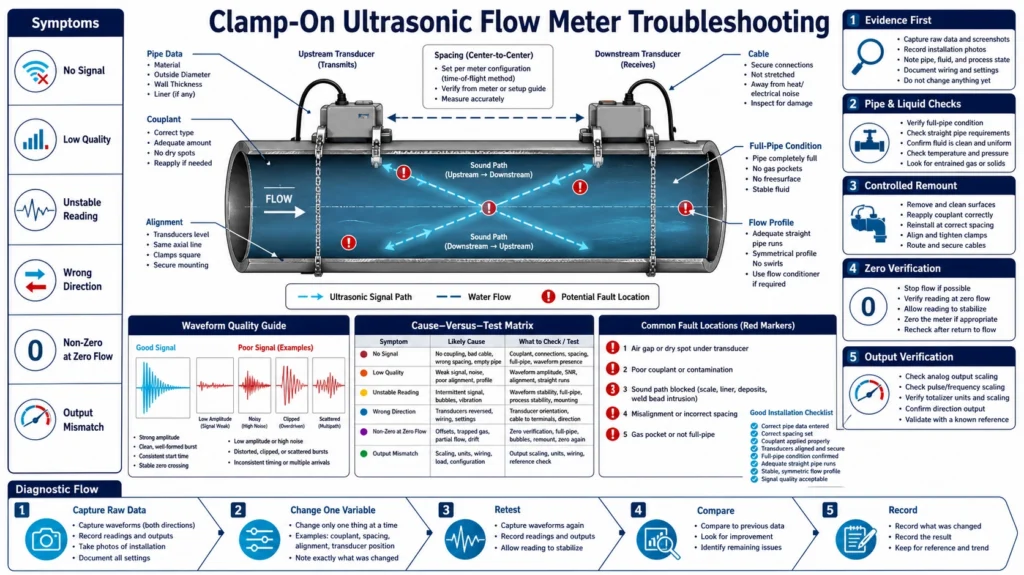 Clamp-on ultrasonic flow meter diagnostic screen connected to external transducers on a pipe with signal checks marked