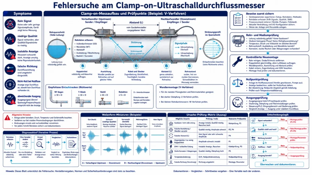 Diagnoseanzeige eines Clamp-on-Durchflussmessers an zwei Außenwandlern mit markierten Signalprüfungen