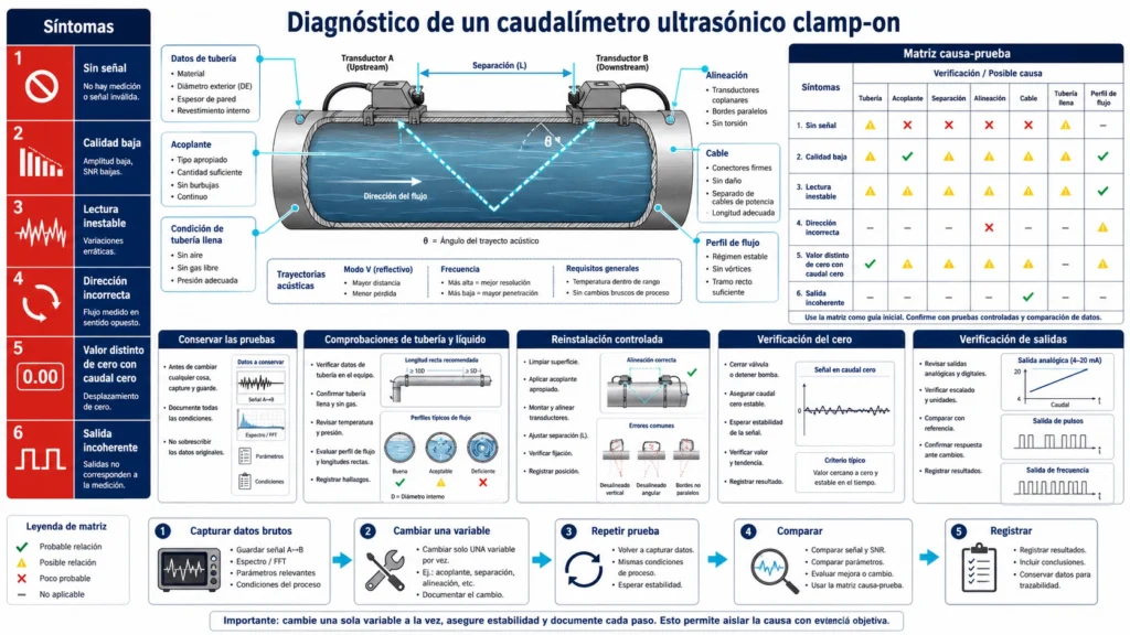 Pantalla de diagnóstico de un caudalímetro clamp-on conectada a dos transductores externos con puntos de señal marcados