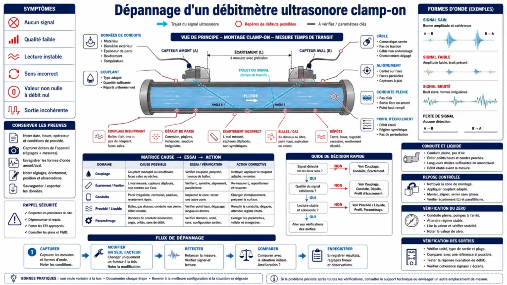 Écran de diagnostic d'un débitmètre externe relié à des transducteurs sur une conduite avec points de contrôle du signal