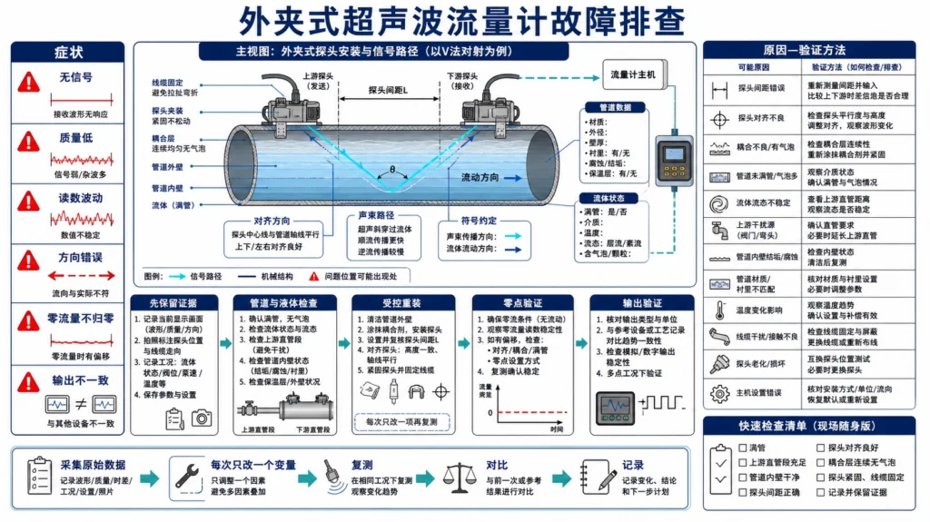 外夹流量计诊断屏连接管道外壁换能器，并标出信号检查位置
