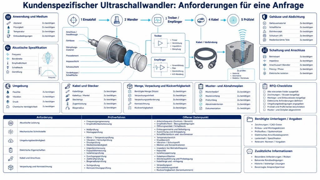 Technische RFQ-Checkliste für einen kundenspezifischen Ultraschallwandler mit Anwendung, Frequenz, Gehäuse, Schaltung, Umwelt und Menge